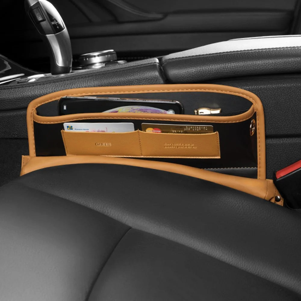 QUEES Car Seat Side Gap Storage Bag Organizer PU Leather Slit Pocket Filler - Khaki - 1