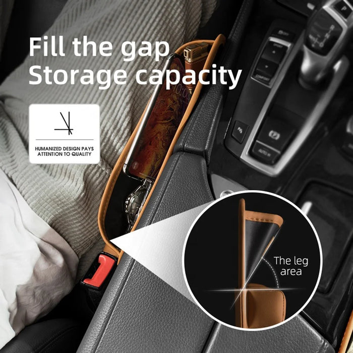 QUEES Car Seat Side Gap Storage Bag Organizer PU Leather Slit Pocket Filler - Khaki - 2