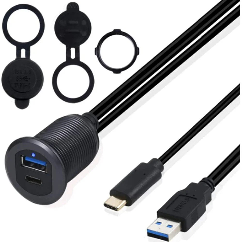 2m USB 3.0 A USB 3.1 C Male to Female Extension Cable Aluminum Alloy Adaptor Cord Dashboard Waterproof Data Cable with Light for Car Motorcycle Boat - 1