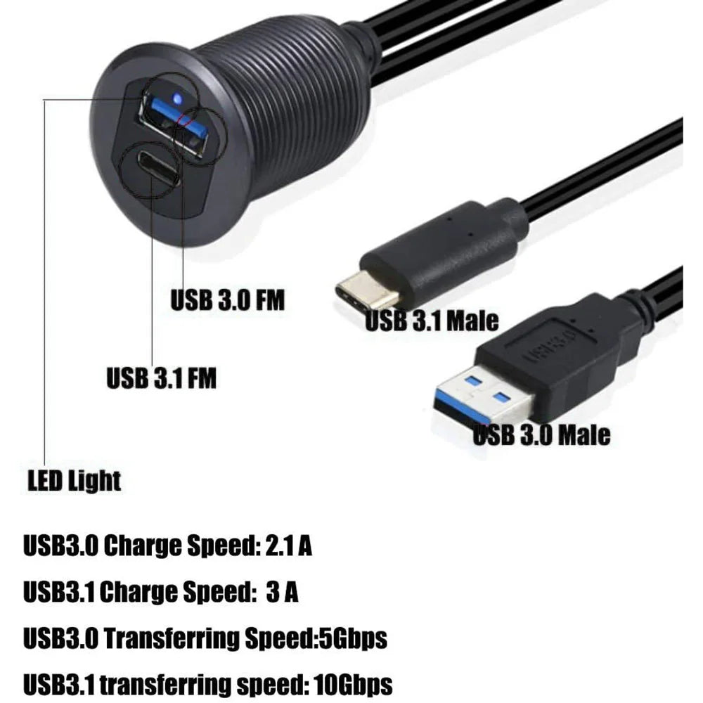 2m USB 3.0 A USB 3.1 C Male to Female Extension Cable Aluminum Alloy Adaptor Cord Dashboard Waterproof Data Cable with Light for Car Motorcycle Boat - 3