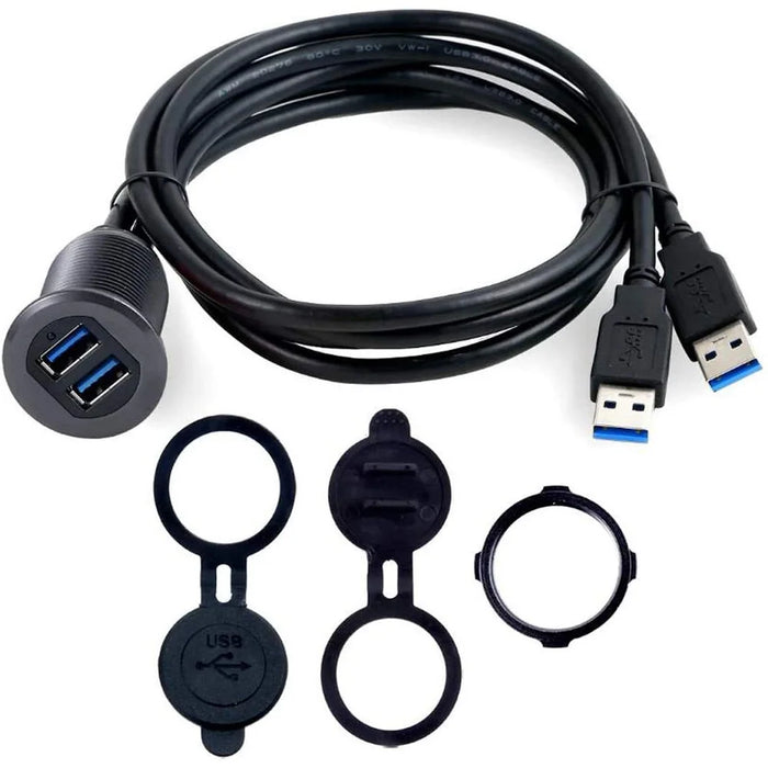 1m Metal Case Dual USB 3.0 Extension Cable Waterproof Car Dashboard Data Cable Mount Panel with LED for Ship/Motorbike/Car Dashboard - Black - 1