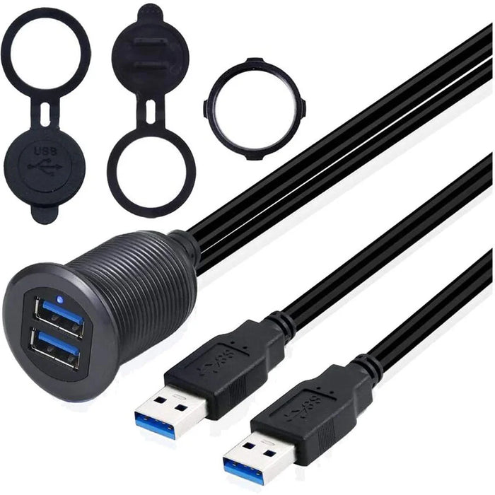 1m Metal Case Dual USB 3.0 Extension Cable Waterproof Car Dashboard Data Cable Mount Panel with LED for Ship/Motorbike/Car Dashboard - Black - 2