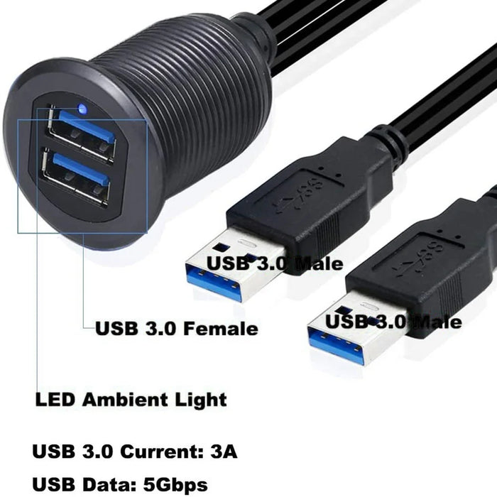 1m Metal Case Dual USB 3.0 Extension Cable Waterproof Car Dashboard Data Cable Mount Panel with LED for Ship/Motorbike/Car Dashboard - Black - 4