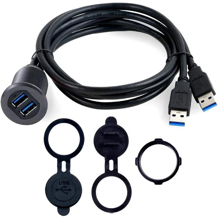 2m Metal Case Dual USB 3.0 Extension Cable USB Male to USB Female Transfer Cord Waterproof Car Dashboard Data Cable Mount with LED for Ship/Motorbike/Car Dashboard - Black - 1