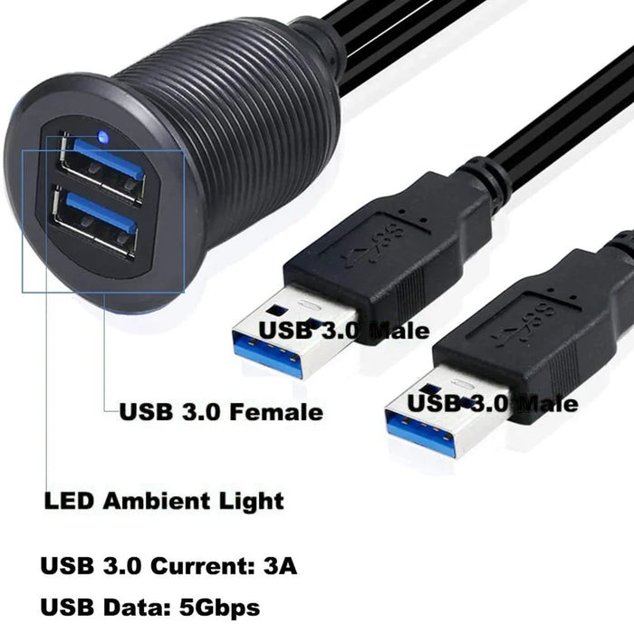2m Metal Case Dual USB 3.0 Extension Cable USB Male to USB Female Transfer Cord Waterproof Car Dashboard Data Cable Mount with LED for Ship/Motorbike/Car Dashboard - Black - 4