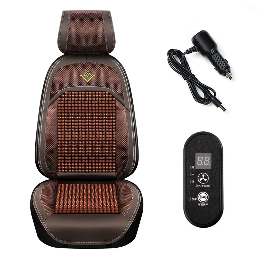XIONGGUAN AM001 Intelligent Massage Wood Beaded Car Seat Cushion 3 Gears Cooling Ventilated Lumbar Back Pad - Brown - 1