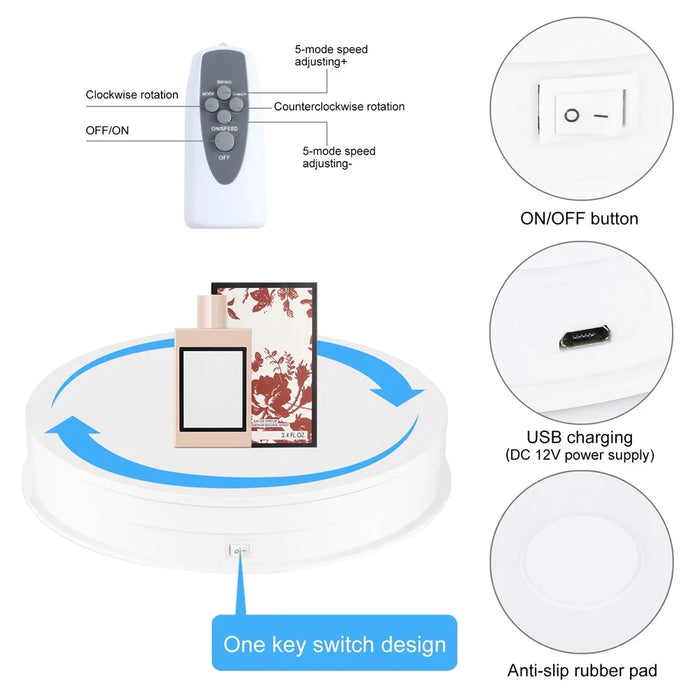 PULUZ PU3131 30cm Speed Control Turntable ABS+PC Display Stand Shooting Prop Turntable - White  /  EU Plug - 2