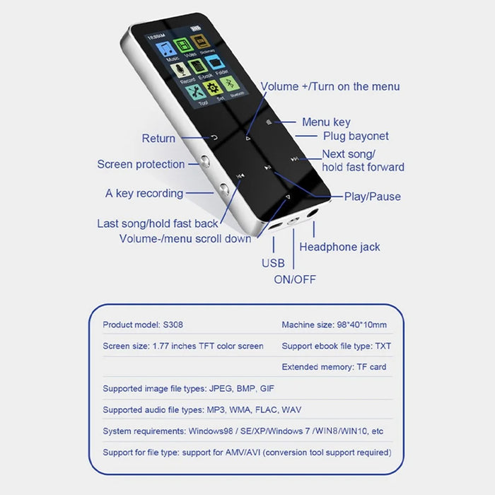 S308 4GB TF Card Touch Screen MP3 Sound Recorder Music Video MP4 Player with Dictionary (No Bluetooth-compatible Function) - Silver - 7