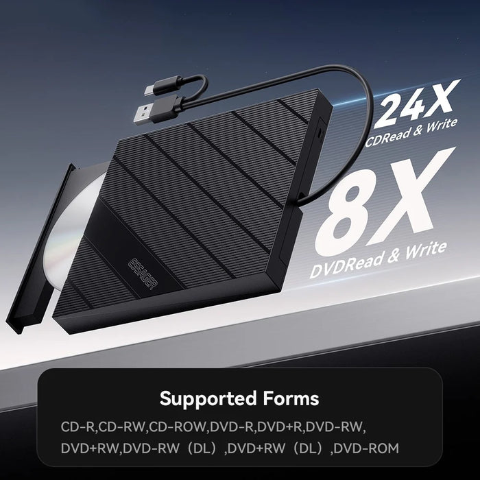 ESSAGER External DVD Drive 8X Read Write External Optical Drive High Performance Chip for Laptop PC - Black - 4