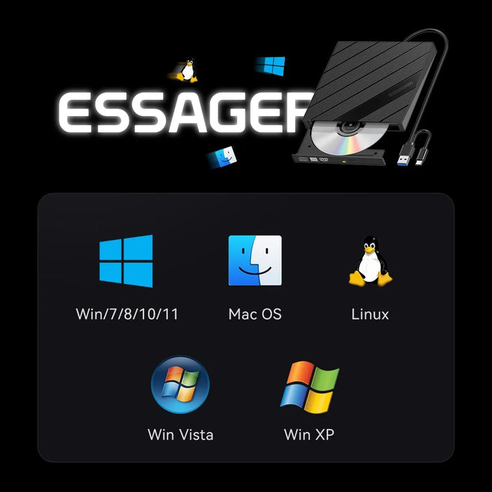 ESSAGER External DVD Drive 8X Read Write External Optical Drive High Performance Chip for Laptop PC - Black - 7
