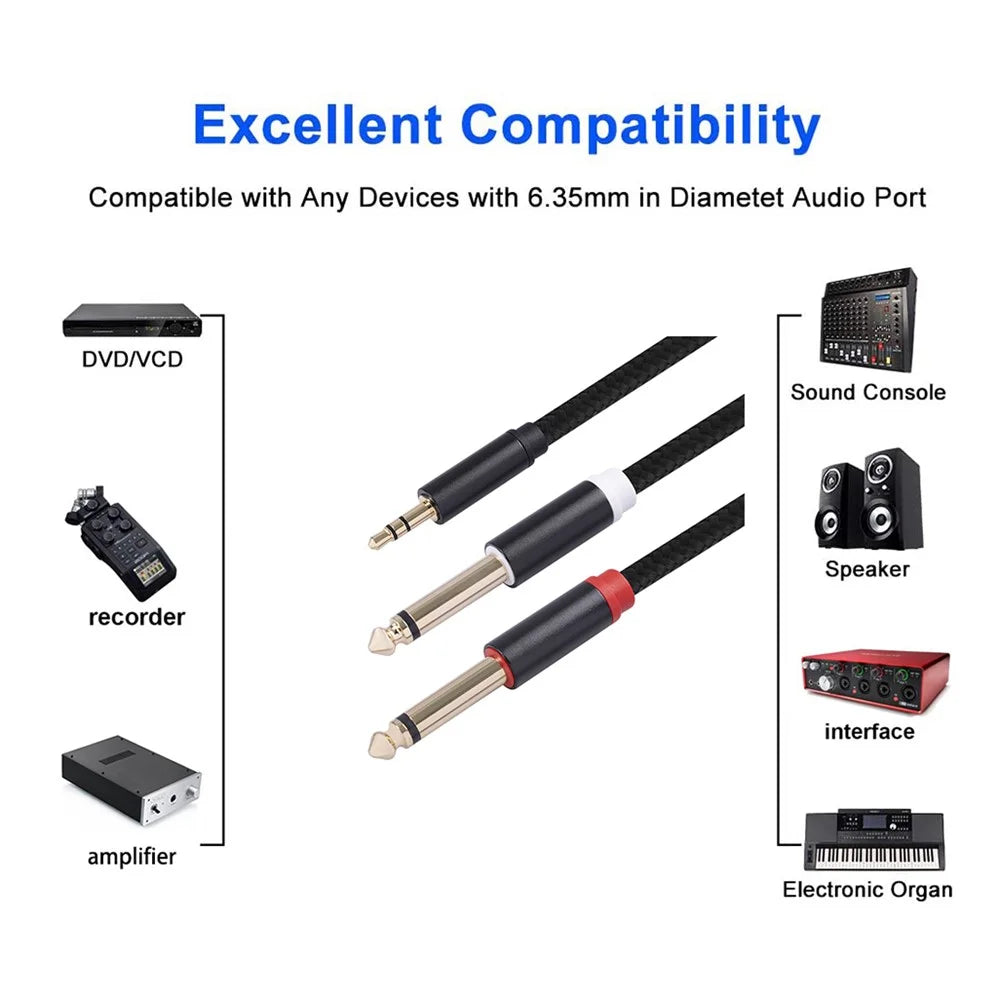 1m Audio Cable 3.5mm to Double 6.35mm Aux Cable 2 Mono 6.35 Jack to 3.5 Male for Phone to Mixer Amplifier - 3