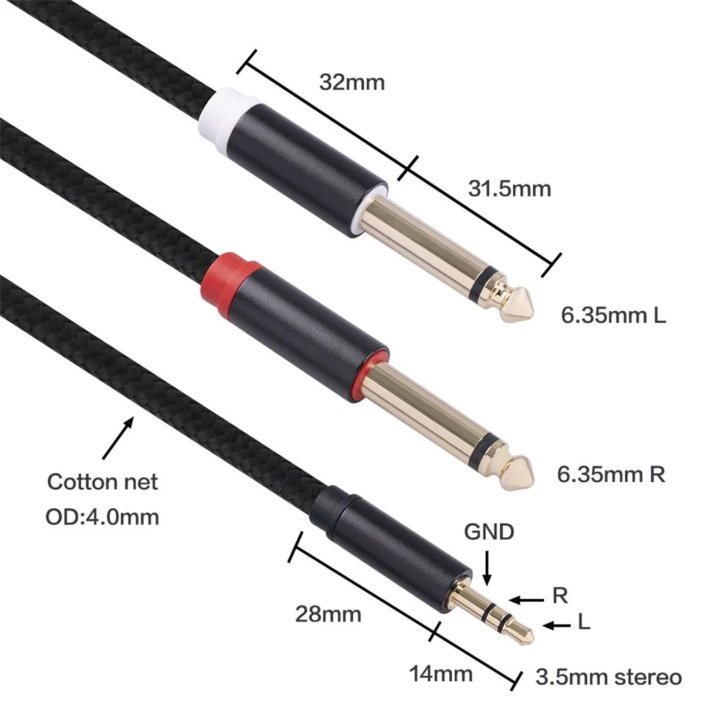 1m Audio Cable 3.5mm to Double 6.35mm Aux Cable 2 Mono 6.35 Jack to 3.5 Male for Phone to Mixer Amplifier - 4