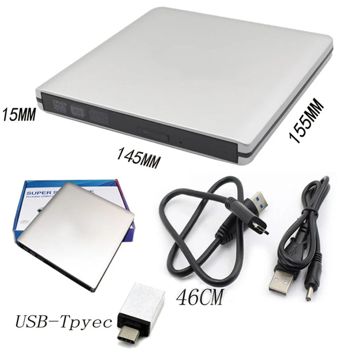 External DVD CD Drive Portable Aluminum Alloy Rewriter Burner High Speed Data Transfer for Laptop PC - 2