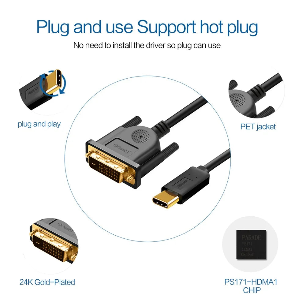 QGEEM UA18 1.2m USB-C to DVI Adapter Cable 4K Type-C to DVI(24+1) Male Conversion Cable - 2