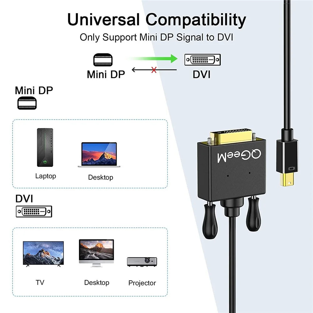 QGEEM QG-HD30 Mini DP to DVI Adapter Mini DisplayPort Male to DVI Male Computer Converter Cable Compatible with Thunderbolt 2 for MacBook Air/Pro/Monitor/Projector - 4