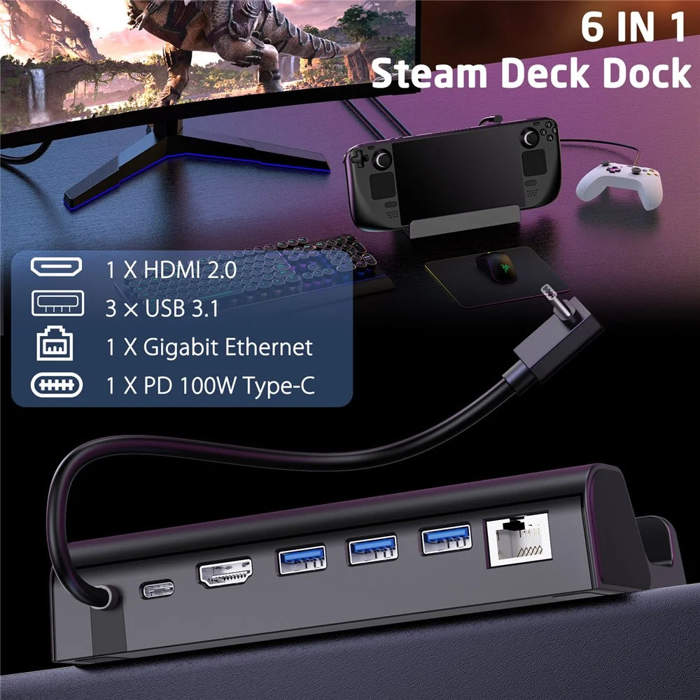 6 in 1 Docking Station for Steam Deck Dock HD 4K / 60Hz, Gigabit Ethernet, 3 USB3.0, USB-C Port Portable Hub with Stand - 3