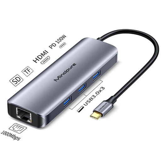 MINDPURE HU010 8-in-1 USB-C Hub Aluminum Alloy Laptop Docking Station, USB3.0x3+HD+PD+SD+TF+RJ45 - 2