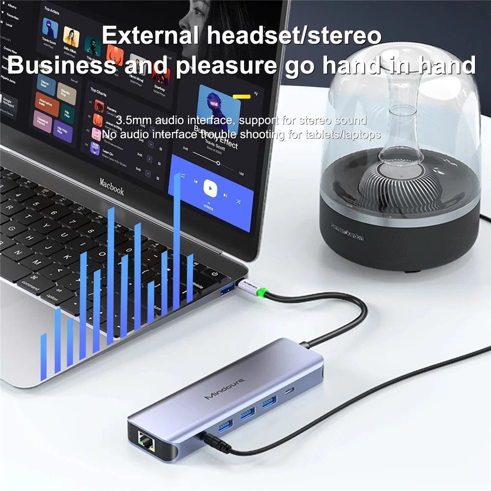 MINDPURE HU010 8-in-1 USB-C Hub Aluminum Alloy Laptop Docking Station, USB3.0x3+HD+PD+SD+TF+RJ45 - 3