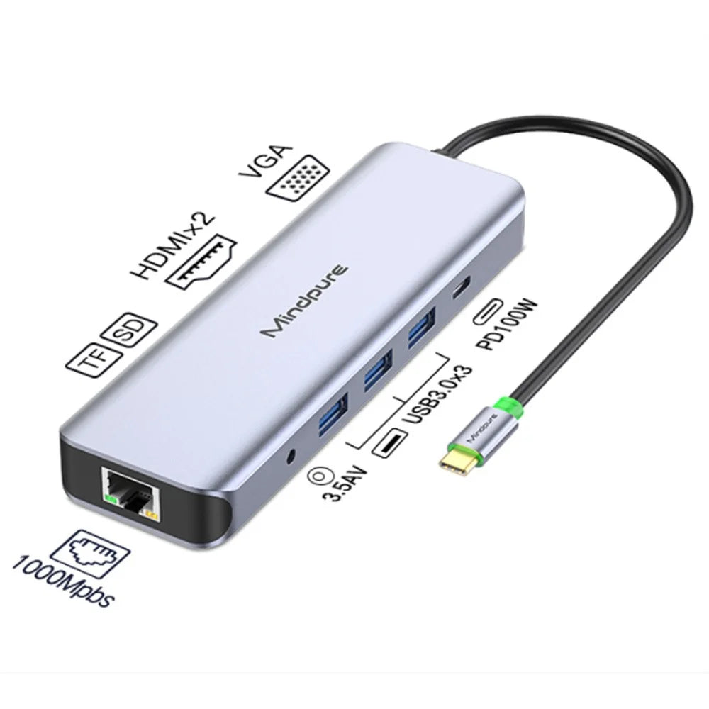 MINDPURE HU012 11-in-1 Multi-Function Docking Station Laptop USB-C Hub, USB3.0x3+3.5mm AV+PD+HDx2+VGA+SD+TF+RJ45 - 2