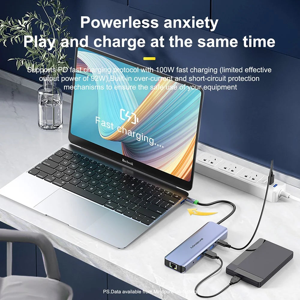 MINDPURE HU012 11-in-1 Multi-Function Docking Station Laptop USB-C Hub, USB3.0x3+3.5mm AV+PD+HDx2+VGA+SD+TF+RJ45 - 7