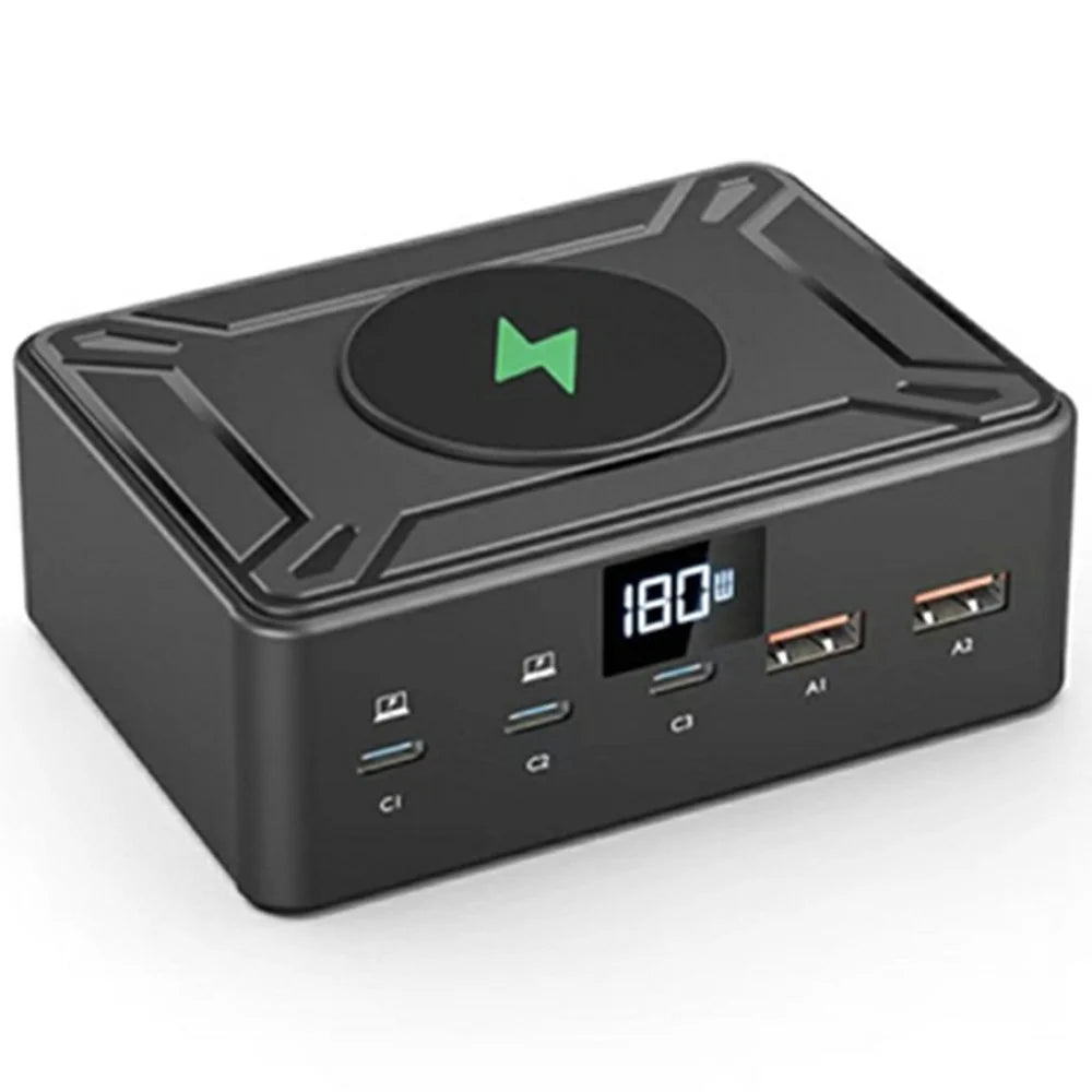 818D Digital Display 3 Type-C + 2 USB 190W High Power Desktop Charger Support Qi Wireless Charging - US Plug - 1