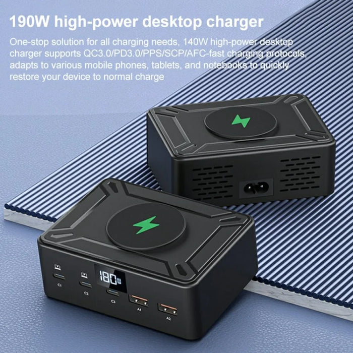 818D Digital Display 3 Type-C + 2 USB 190W High Power Desktop Charger Support Qi Wireless Charging - US Plug - 3