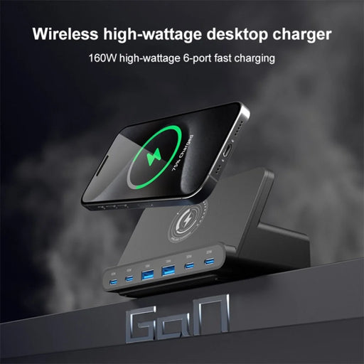 818D 160W 4 Type-C + 2 USB Portable GaN Desktop Charger Support Qi Wireless Charging - US Plug - 2