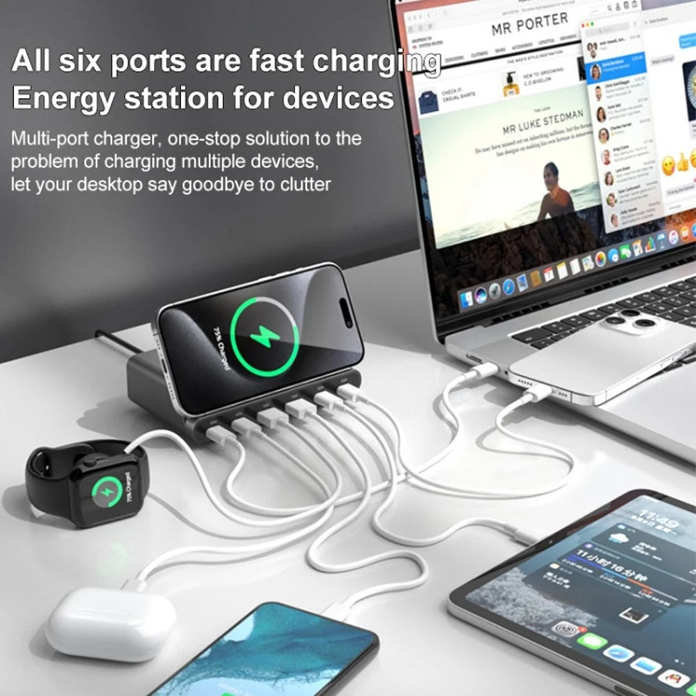 818D 160W 4 Type-C + 2 USB Portable GaN Desktop Charger Support Qi Wireless Charging - US Plug - 3