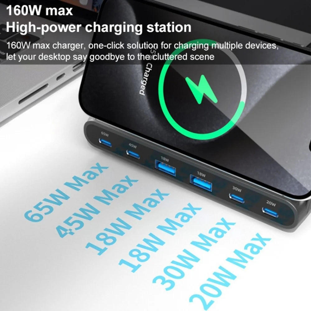818D 160W 4 Type-C + 2 USB Portable GaN Desktop Charger Support Qi Wireless Charging - US Plug - 4