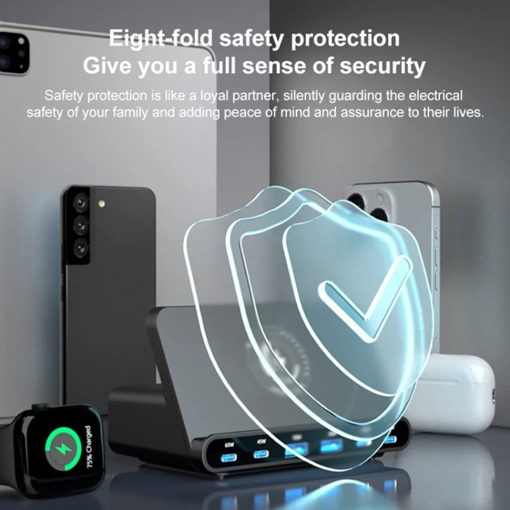 818D 160W 4 Type-C + 2 USB Portable GaN Desktop Charger Support Qi Wireless Charging - US Plug - 7