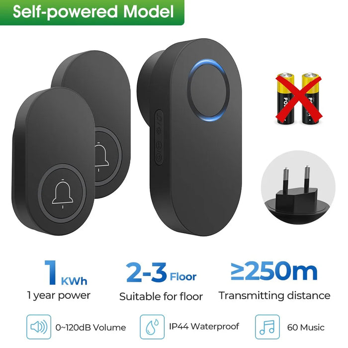 ML008-B-21EU 60 Melodies Wireless Self-Powered Doorbell Ring EU Plug / Black, 2 Transmitter + 1 Receiver - 2
