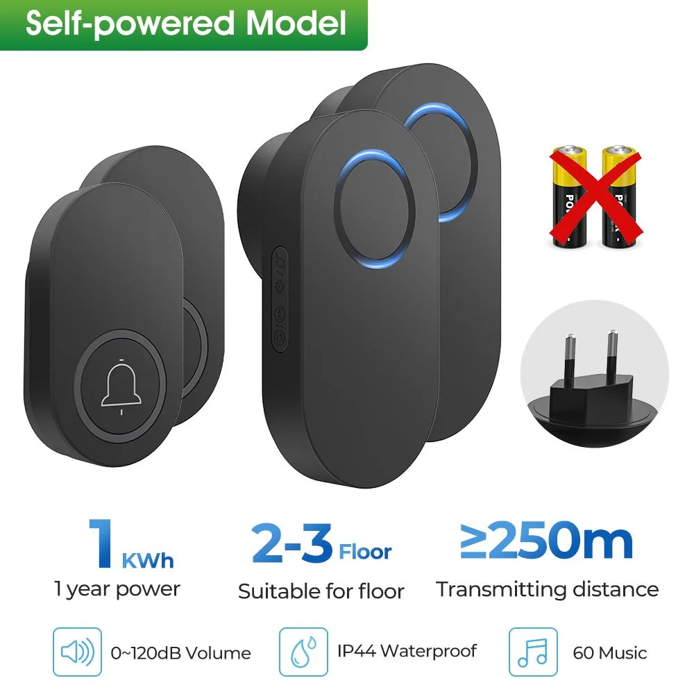 ML008-B-22EU 60 Melodies Wireless Self-Powered Doorbell Ring EU Plug / Black, 2 Transmitter + 2 Receiver - 2