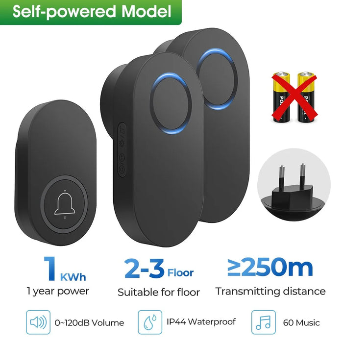 ML008-B-12EU 60 Melodies Wireless Self-Powered Doorbell Ring EU Plug  /  Black, 1 Transmitter + 2 Receiver - 2