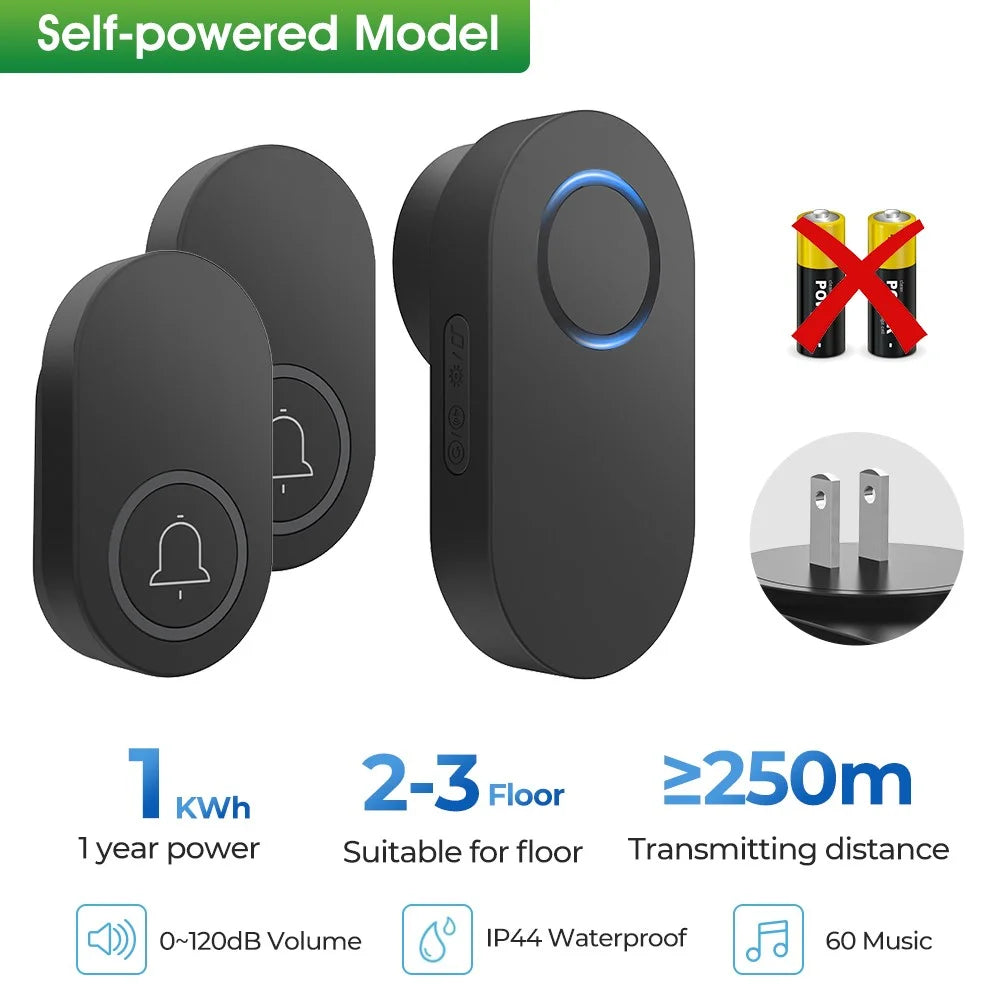 ML008-B-21US 60 Melodies Wireless Self-Powered Doorbell Ring US Plug / Black, 2 Transmitter + 1 Receiver - 2