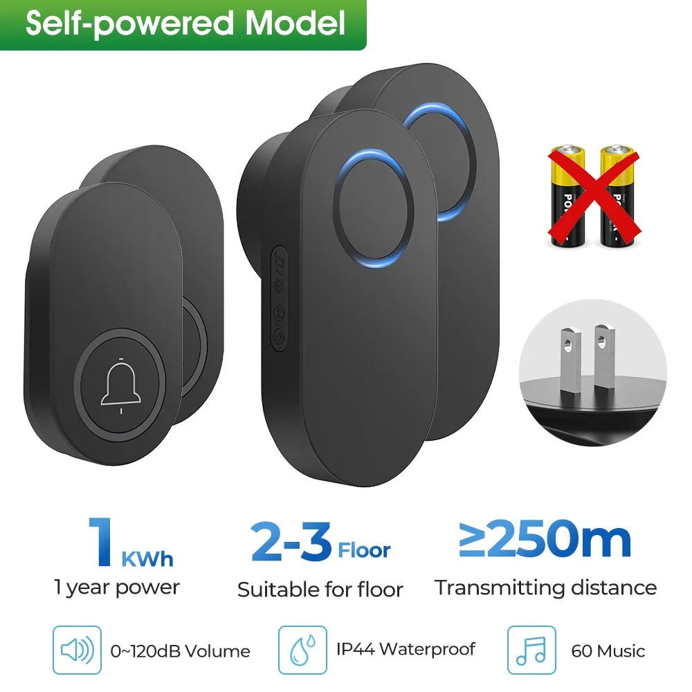 ML008-B-22US 60 Melodies Wireless Self-Powered Doorbell Ring US Plug / Black, 2 Transmitter + 2 Receiver - 2