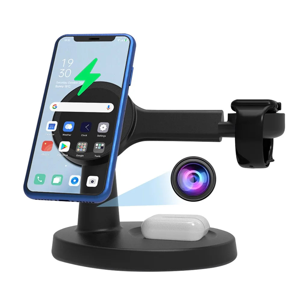 Magnetic Wireless Charger Motion Activated 4K WiFi Hidden Camera Spy Camera - Black - 4