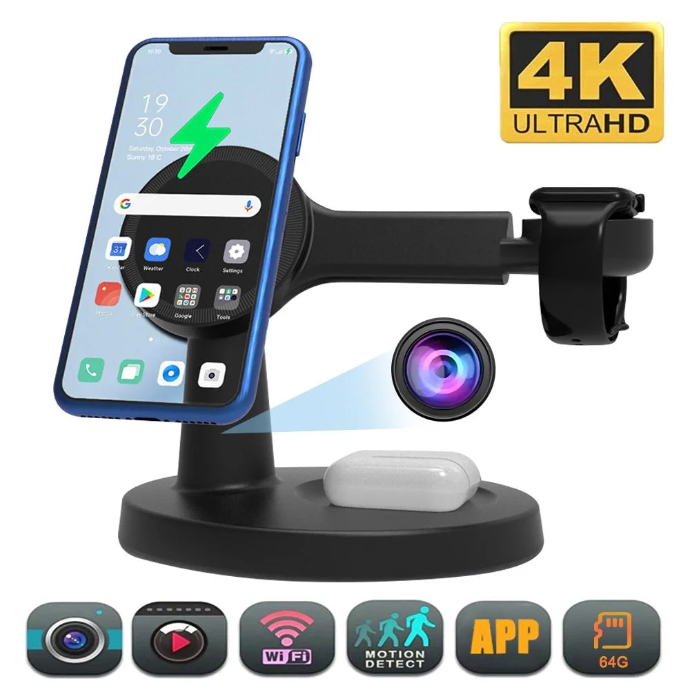 Magnetic Wireless Charger Motion Activated 4K WiFi Hidden Camera Spy Camera - Black - 5