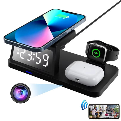 15W Wireless Charger Clock Alarm 4K WiFi Security Camera with Motion Detection - Black - 1