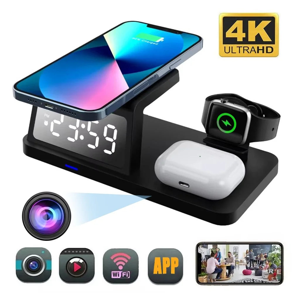 15W Wireless Charger Clock Alarm 4K WiFi Security Camera with Motion Detection - Black - 5