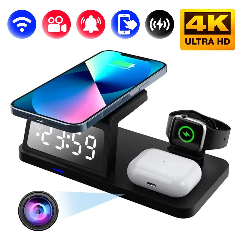 15W Wireless Charger Clock Alarm 4K WiFi Security Camera with Motion Detection - Black - 6