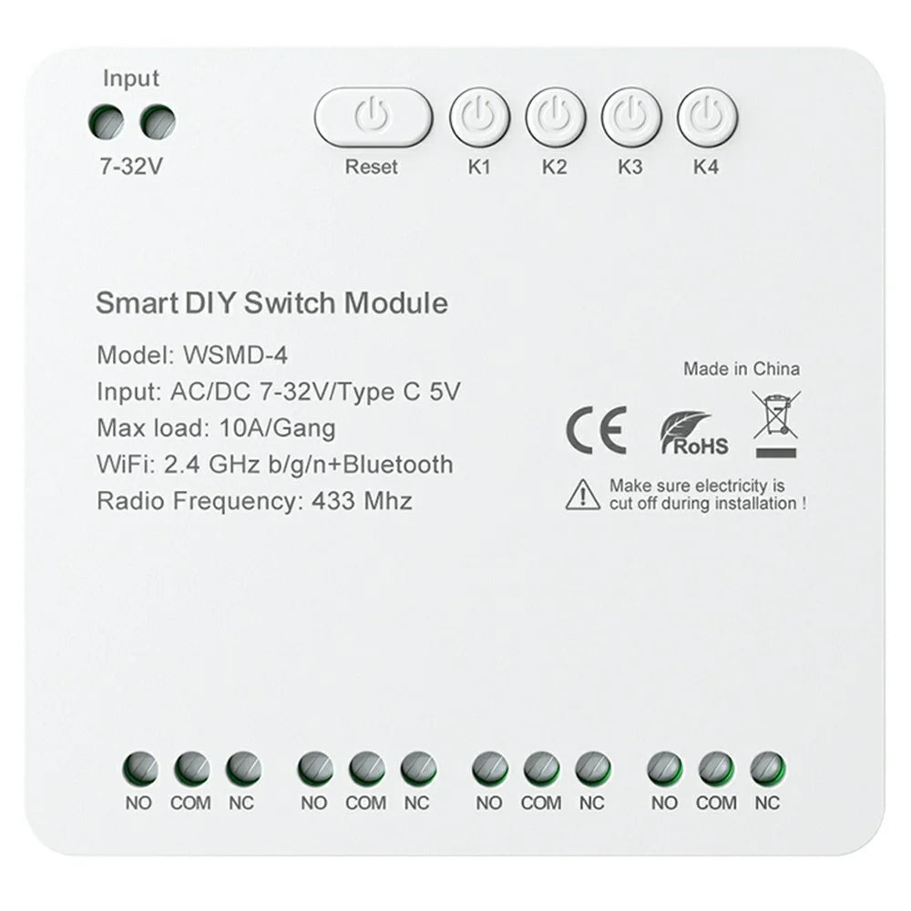 WSMD-4 Tuya Smart WiFi + RF 4 Channel Relay Smart Dly Switch Module for Home  /  Garage Door - AC  /  DC 7-32V - 1