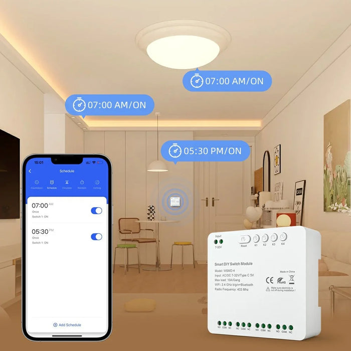 WSMD-4 Tuya Smart WiFi + RF 4 Channel Relay Smart Dly Switch Module for Home  /  Garage Door - AC  /  DC 7-32V - 6