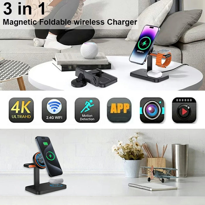 3 in 1 Magnetic Wireless Charger with WiFi 1080P Camera 15W Cell Phone Charging Stand - Black - 4