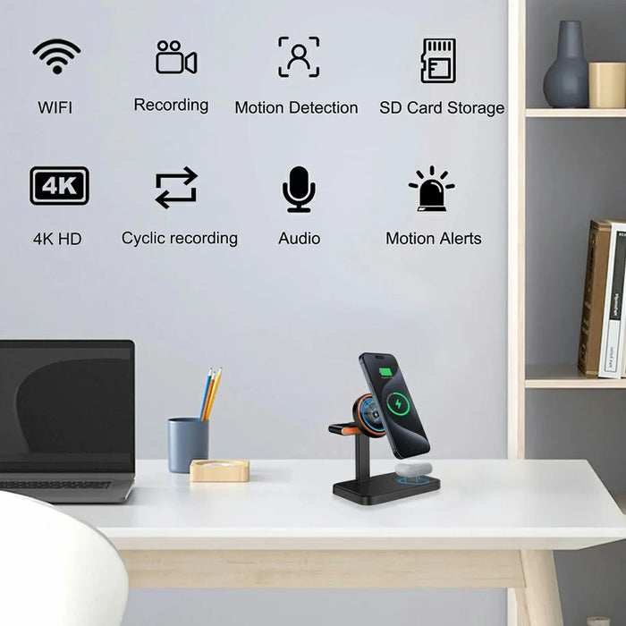 3 in 1 Magnetic Wireless Charger with WiFi 1080P Camera 15W Cell Phone Charging Stand - Black - 5