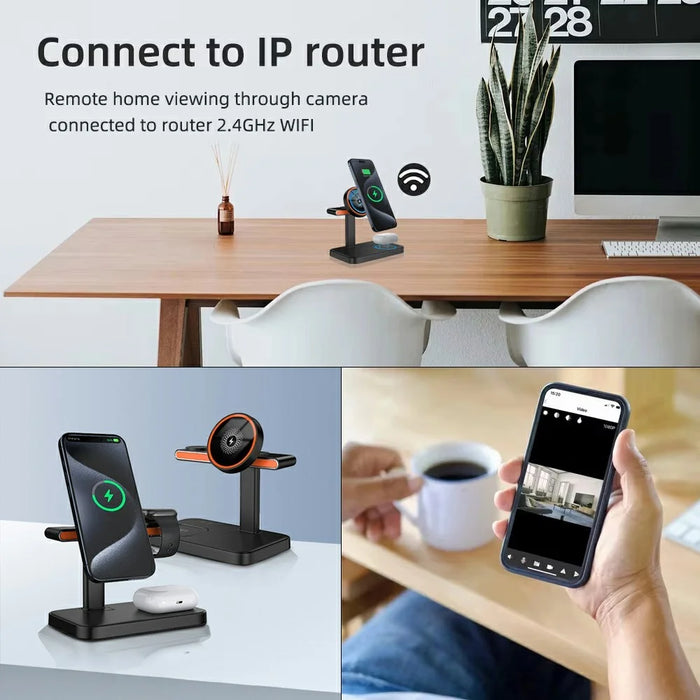 3 in 1 Magnetic Wireless Charger with WiFi 1080P Camera 15W Cell Phone Charging Stand - Black - 7