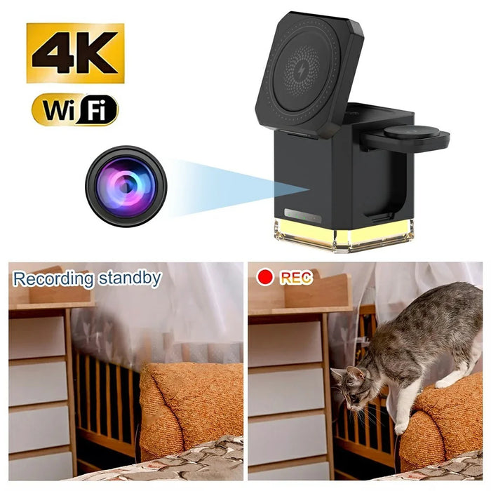 3 in 1 Wireless Charger Cell Phone Charging Stand with Night Light / HD Motion Detection Camera Built-In 64GB - Black - 6