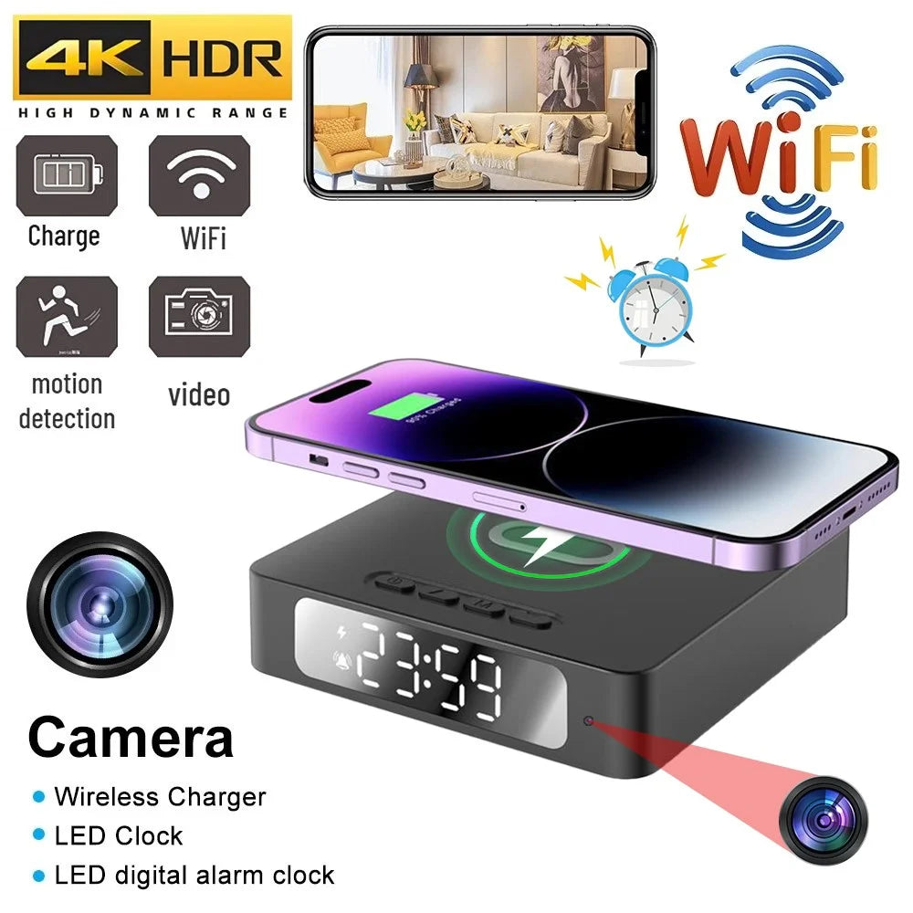 15W Wireless Charging Alarm Clock HD1080P WiFi Camera Digital Clock Charger For Home Security - 6