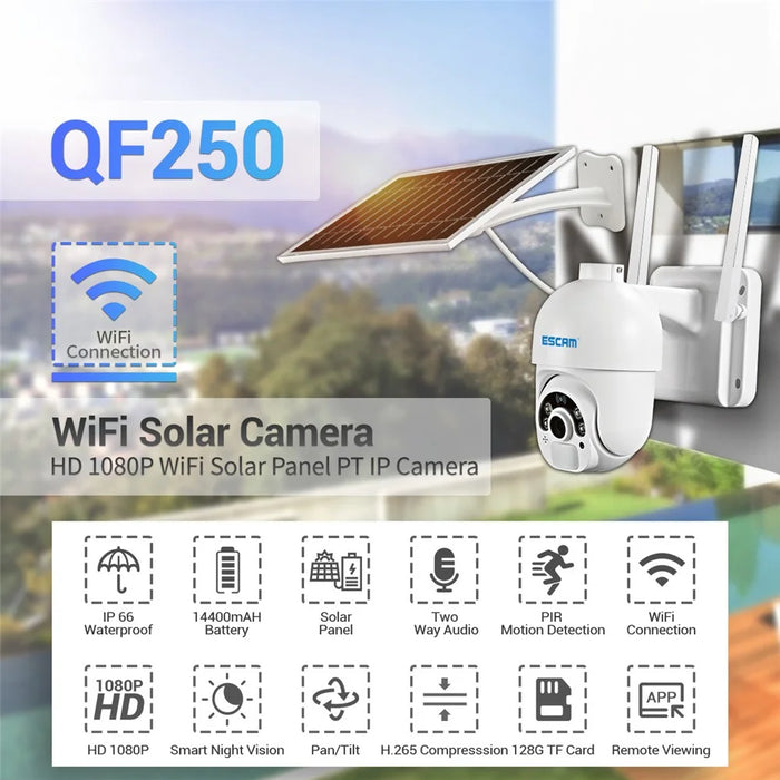 ESCAM QF250 1080P WiFi Solar IP Camera WiFi Wireless 6W Solar Panel Battery Powered Home Security Camera - 3