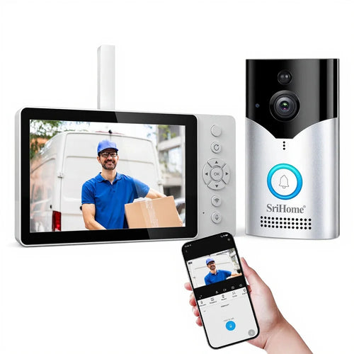 Srihome DH051+DH002 Wireless Video Doorbell 4MP Camera HD Two-Way Audio Night Vision 5-Inch Display for Home Security - 1