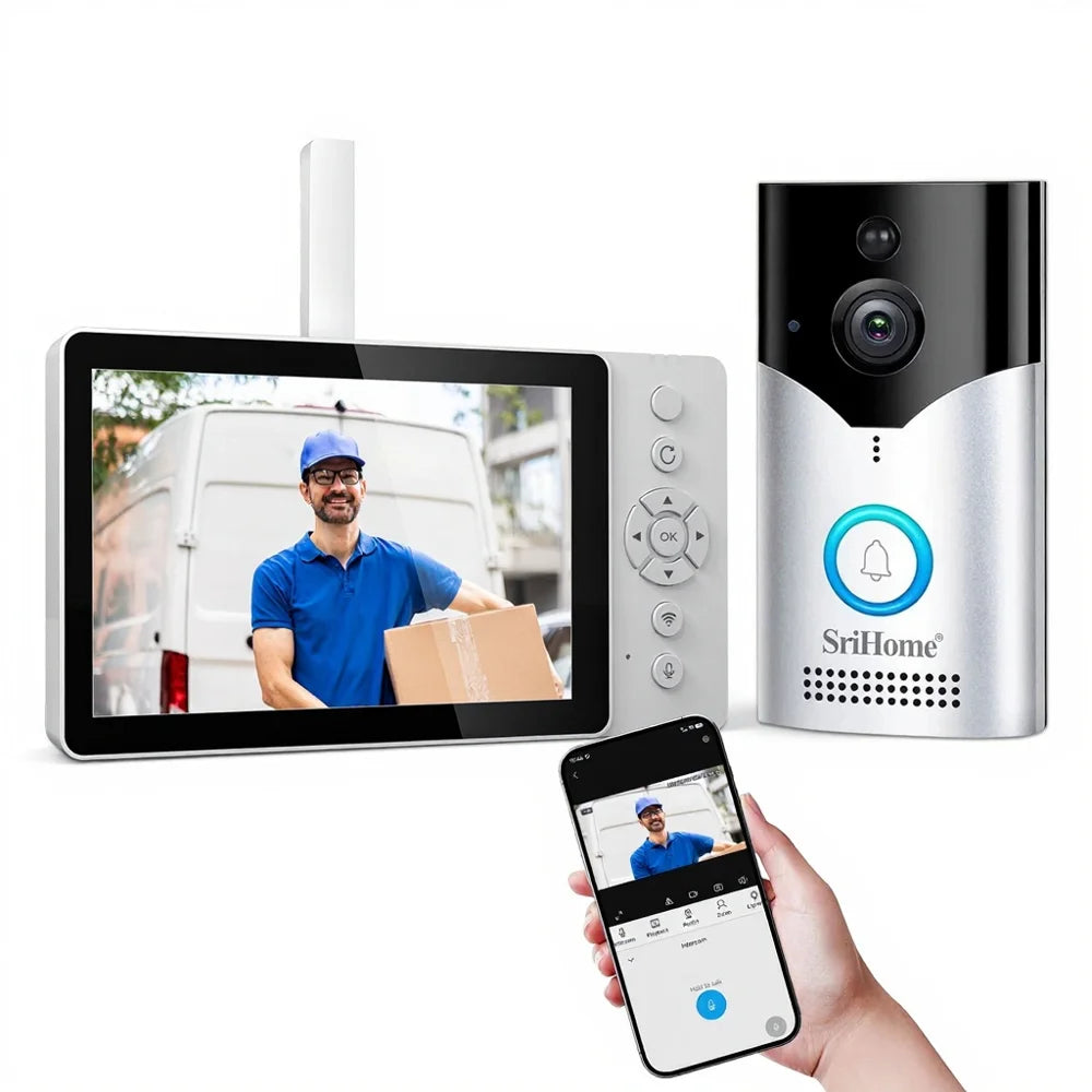 Srihome DH051+DH002 Wireless Video Doorbell 4MP Camera HD Two-Way Audio Night Vision 5-Inch Display for Home Security - 1